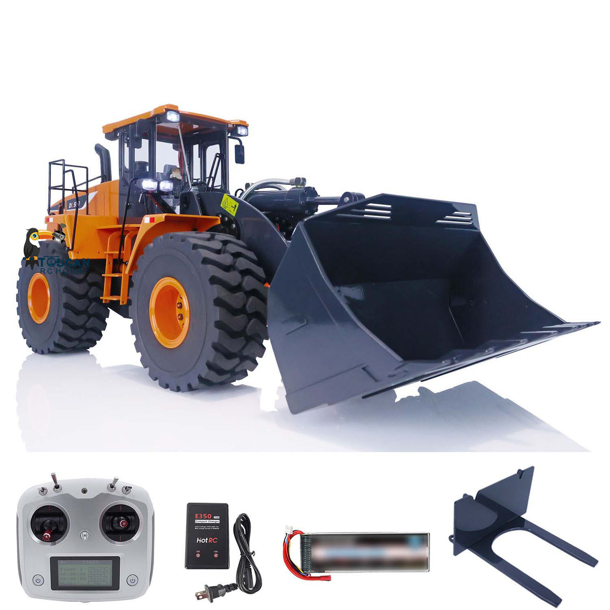XDRC 470 1/14 Hydraulic Wheel Loader Orange Version, With Manual Fork Attachment, Remote Controller & Battery Charger, 35KG Theoretical Digging Power