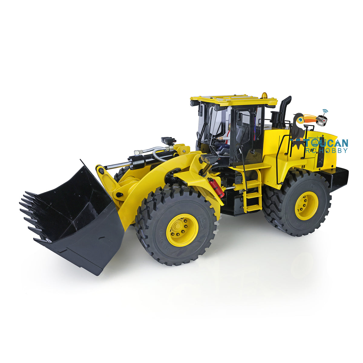 XDRC 470 1/14 Hydraulic Wheel Loader Yellow Left Front View, Tilted Bucket Working Pose, High Precision Low Noise Metal Deceleration Axle