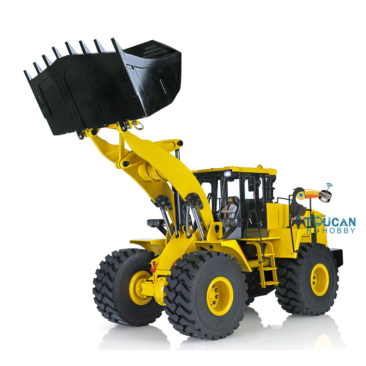 XDRC 470 1/14 Hydraulic Wheel Loader Yellow Left Front View, Vertical High Lift Bucket Pose, Powerful Hydraulic System Performance