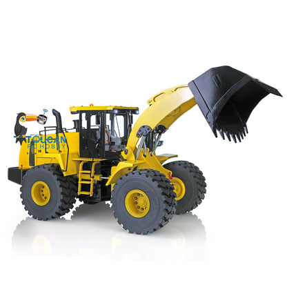 XDRC 470 1/14 Hydraulic Wheel Loader Yellow Right Side View, High Lift Bucket Dumping Pose, Full Metal Hydraulic Lifting Structure