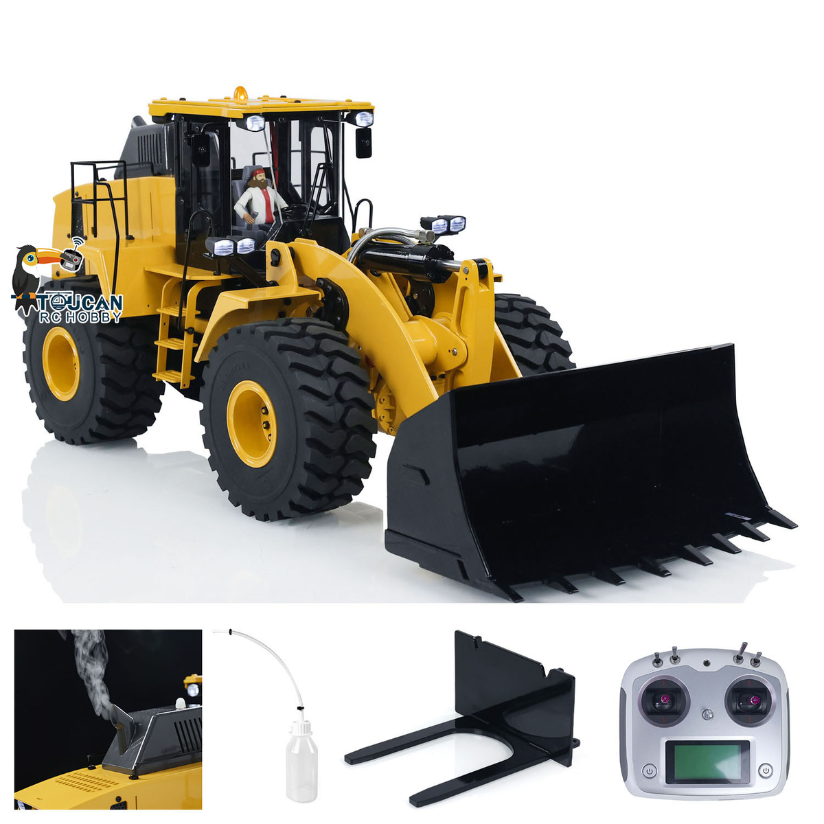 XDRC 470 1/14 RC All-Metal Hydraulic Wheel Loader Yellow Front Oblique View, Flat Bucket, With Remote Controller & Full Accessory Set