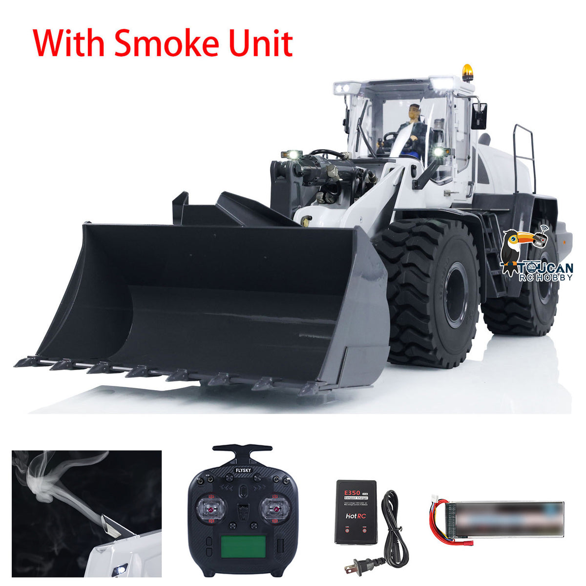 XDRC 580 1/14 Scale Metal Hydraulic Wheel Loader, White Version, With Smoke Unit, ST8 Remote Controller & Full Accessories, 4-Way Directional Valve For Hydraulic Attachments