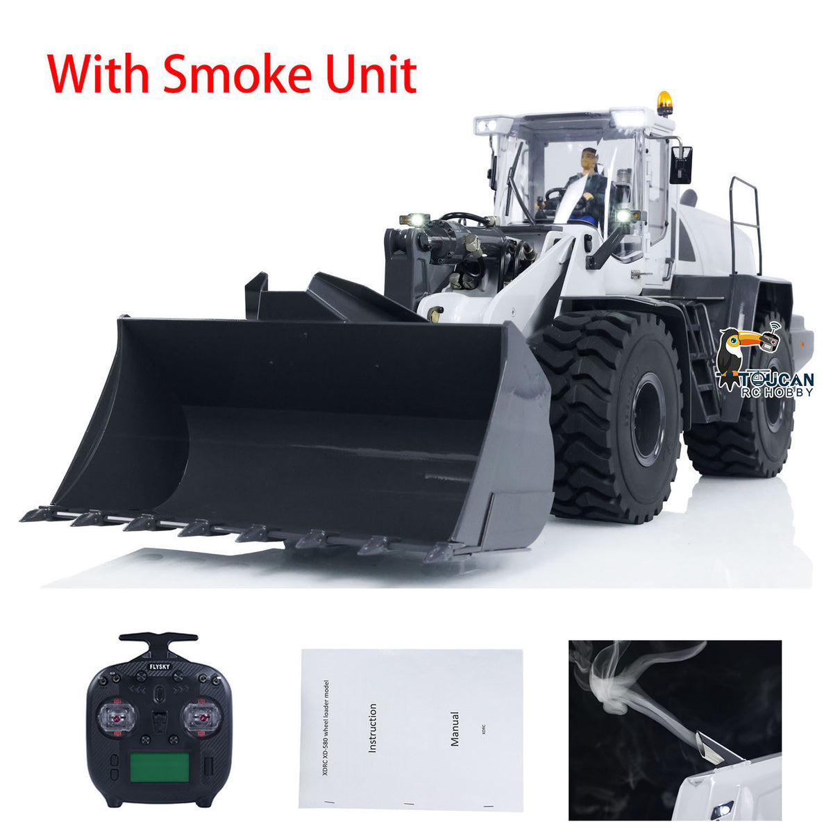 XDRC 580 1/14 Scale Metal Hydraulic Wheel Loader, White Version, With Smoke Unit, ST8 Remote Controller, CNC Zinc Alloy & Sheet Metal Construction