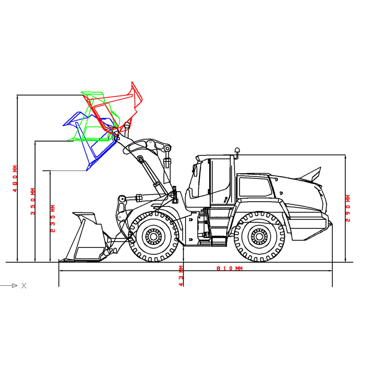 XDRC 580 1/14 RC Hydraulic Wheel Loader Technical Dimension Diagram, Side View Structure Schematic For Reference