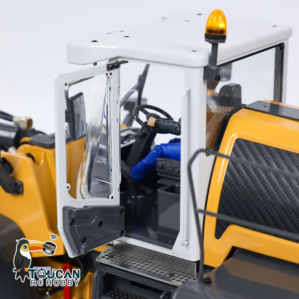 XDRC 580 1/14 RC Hydraulic Wheel Loader White Cabin Side View, Open Door With Detailed Interior & Operator Figure