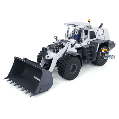 XDRC 580 1/14 RC Hydraulic Wheel Loader White Version Front Oblique View, Flat Bucket, Manual Quick Attachment System