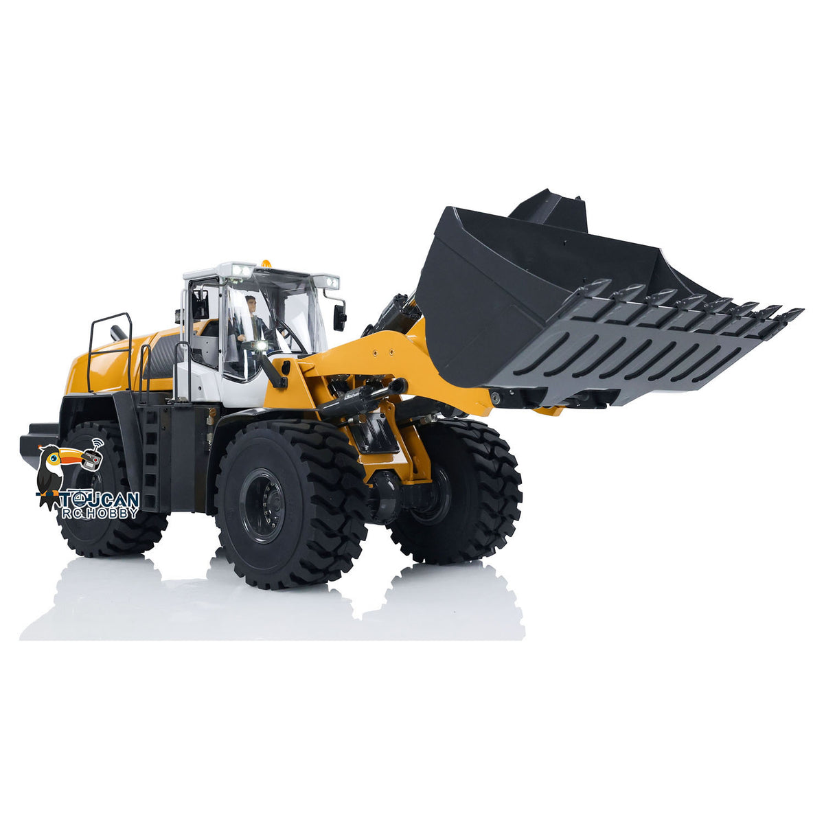 XDRC 580 1/14 RC Hydraulic Wheel Loader Yellow, Bucket Tilting Working Pose, Manual Quick Attachment System For Fast Accessory Swap