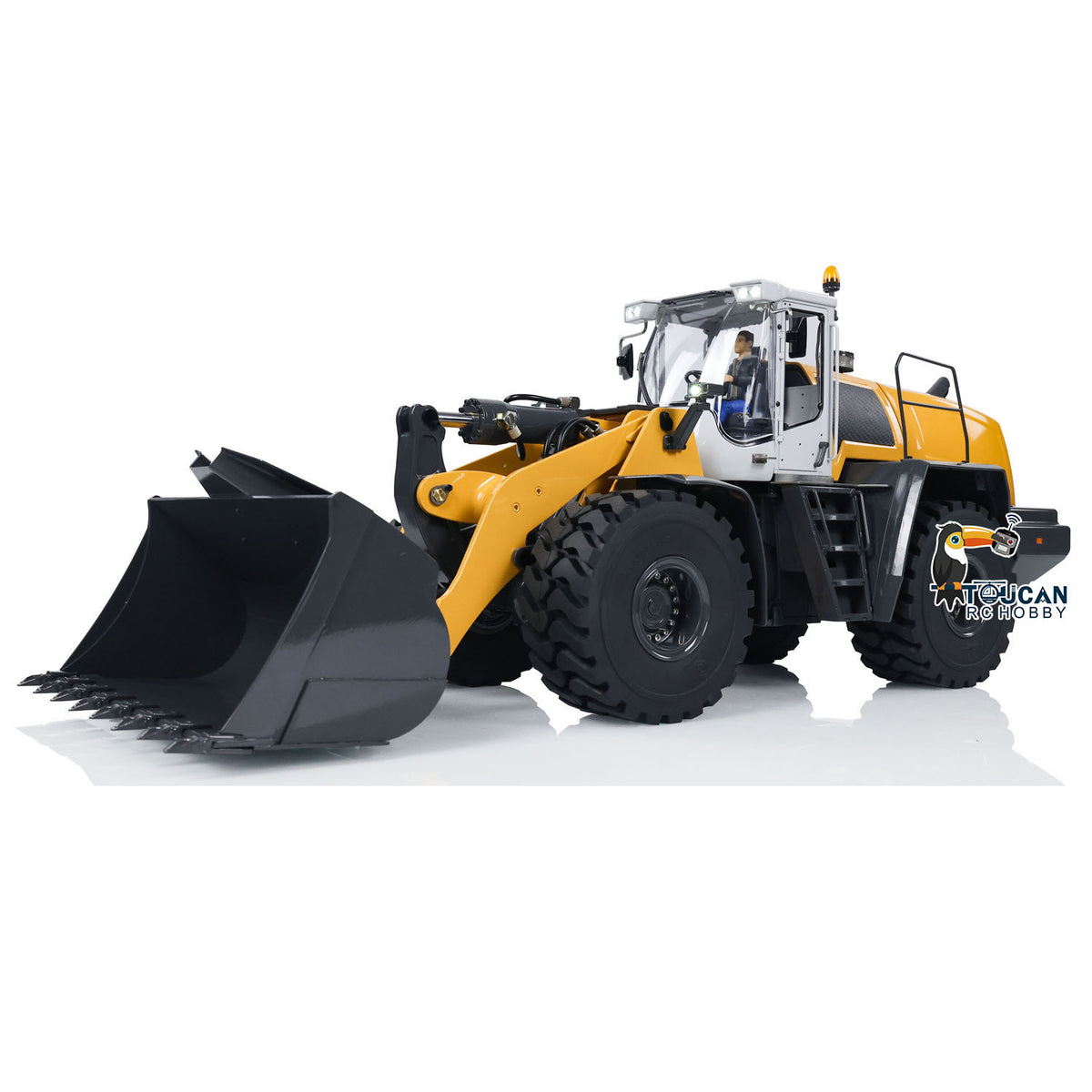 XDRC 580 1/14 RC Hydraulic Wheel Loader Yellow Front Oblique View, Flat Bucket Pose, 4-Way Directional Valve For Hydraulic Attachments