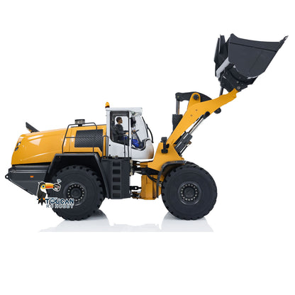 XDRC 580 1/14 RC Hydraulic Wheel Loader Yellow Left Side View, Raised Bucket Dumping Pose, Proprietary Brushless Hydraulic Pump
