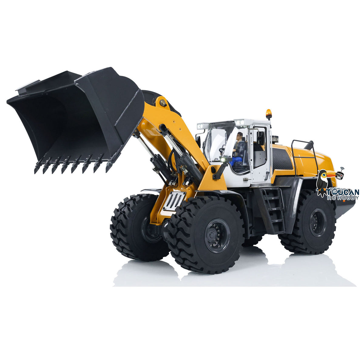 XDRC 580 1/14 RC Hydraulic Wheel Loader Yellow Right Front View, High Lift Bucket Pose, Advanced CNC Machining & Sheet Metal Fabrication