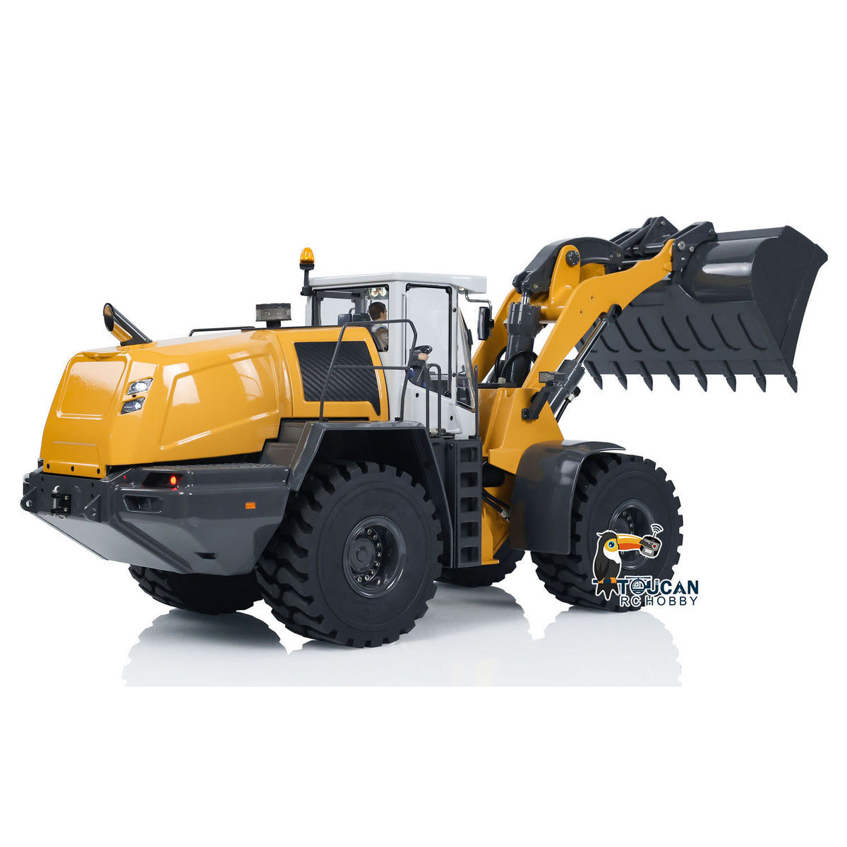 XDRC 580 1/14 RC Hydraulic Wheel Loader Yellow Right Rear Oblique View, Rear Counterweight & Full Body Structure Detail