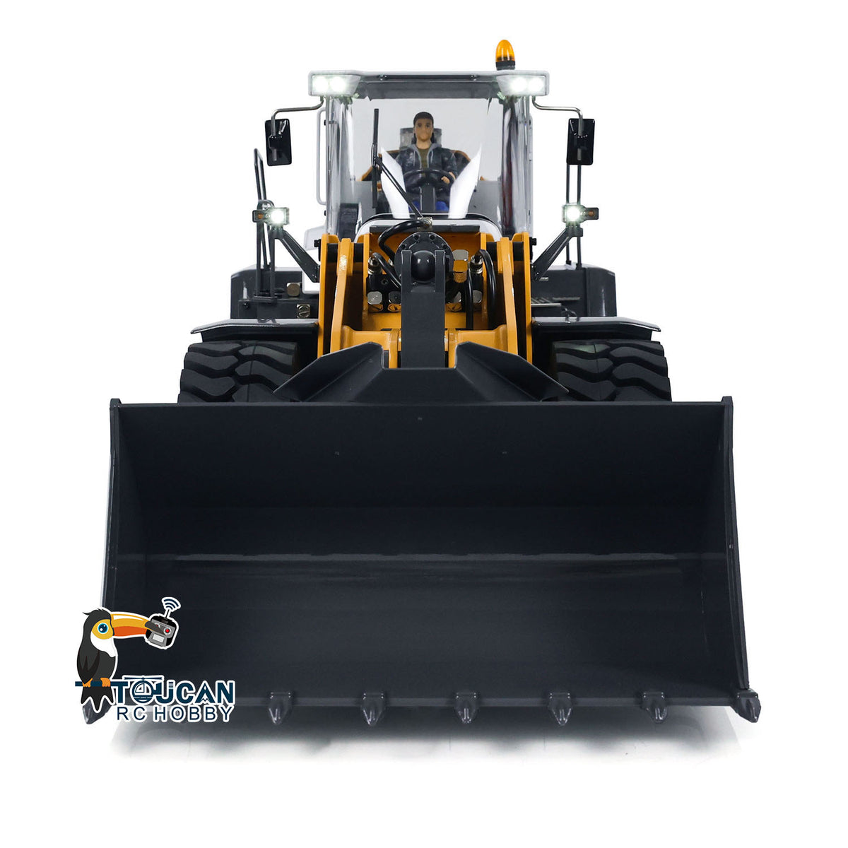 XDRC 580 1/14 RC Hydraulic Wheel Loader Yellow Straight Front View, Lowered Bucket, Working Lights & Cabin Roof Warning Light
