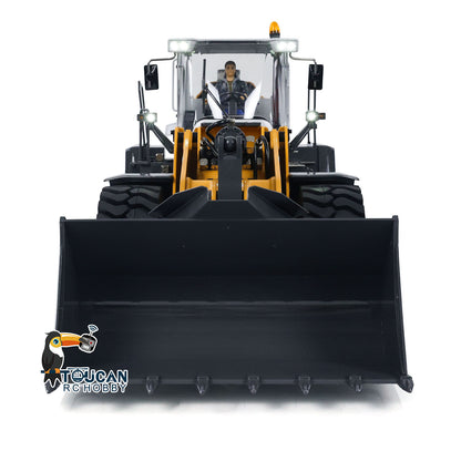 XDRC 580 1/14 RC Hydraulic Wheel Loader Yellow Straight Front View, Lowered Bucket, Working Lights & Cabin Roof Warning Light