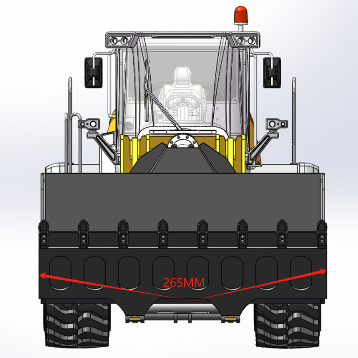 XDRC 580 1/14 RC Hydraulic Wheel Loader Yellow Straight Rear Head-On View, Rear Counterweight, Taillights & Rear Chassis Detail