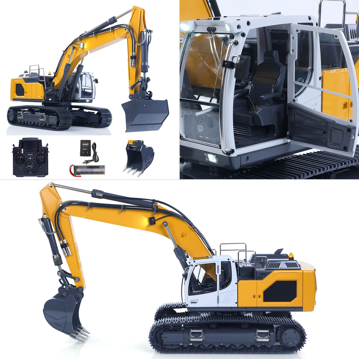 XDRC 945 1/14 Hydraulic Tracked Excavator Dual View Display, Straight Front & Open Cabin Side View, With Full Accessories, Detailed Simulated Cabin Interior