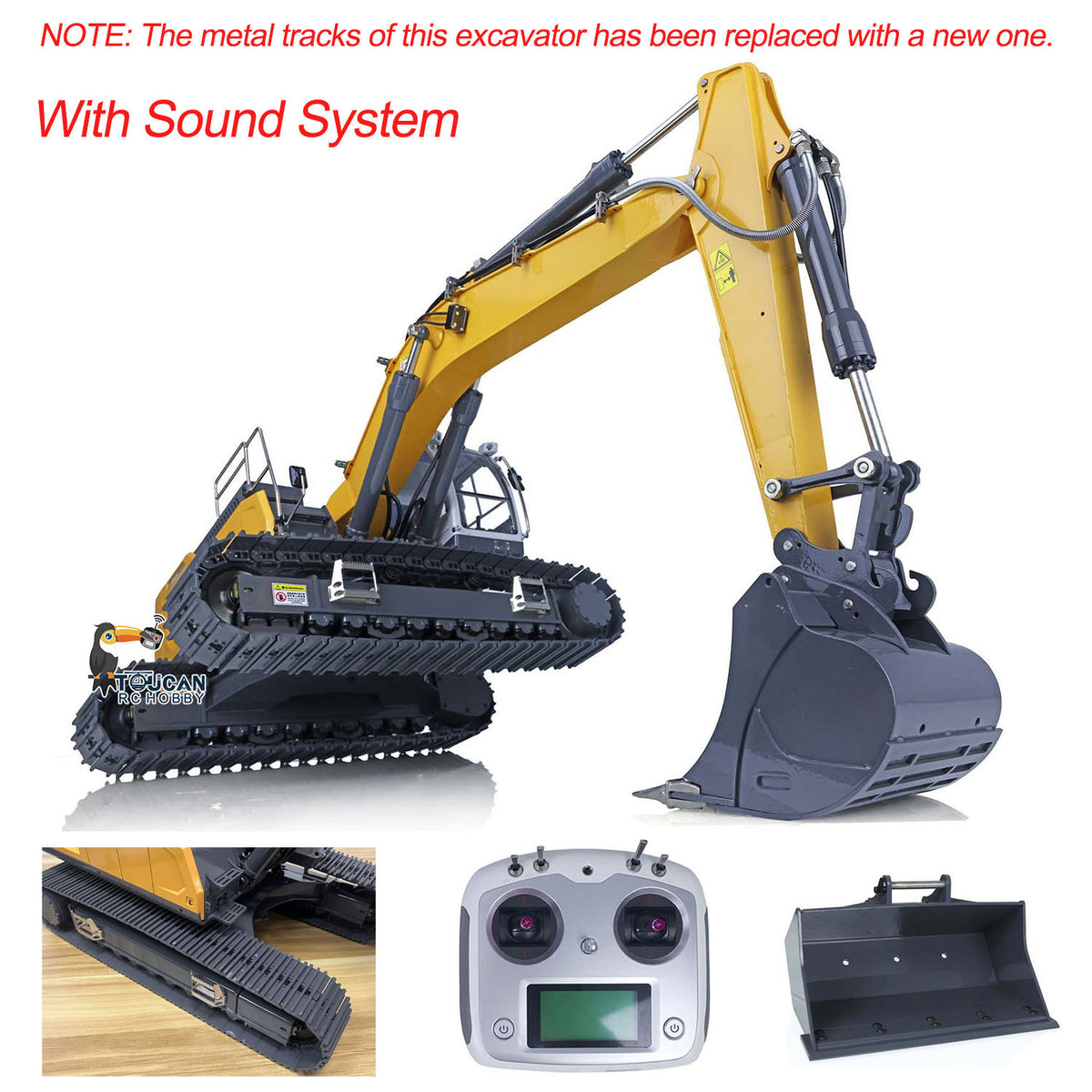 XDRC 945 1/14 Hydraulic Excavator Front Oblique View, With I6S Remote Controller, Spare Bucket & Sound System, Brushless Drive Motor With Exclusive Planetary Reducer