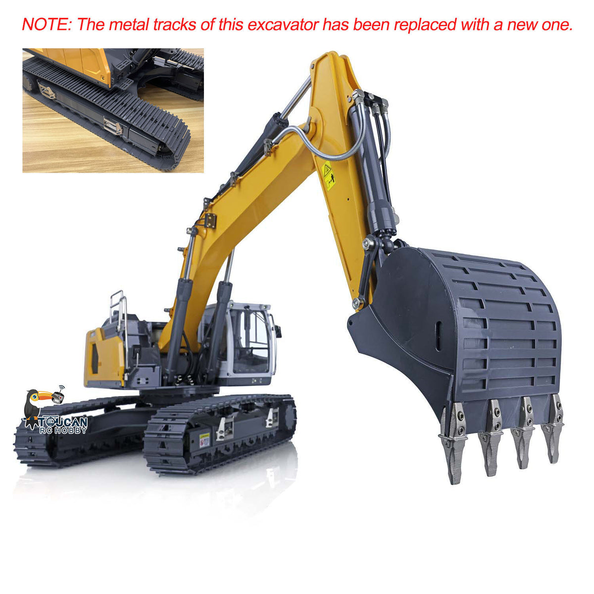 XDRC 945 1/14 Hydraulic Excavator Left Front Working Pose, Upgraded Metal Tracks For Enhanced Traction & Wear Resistance