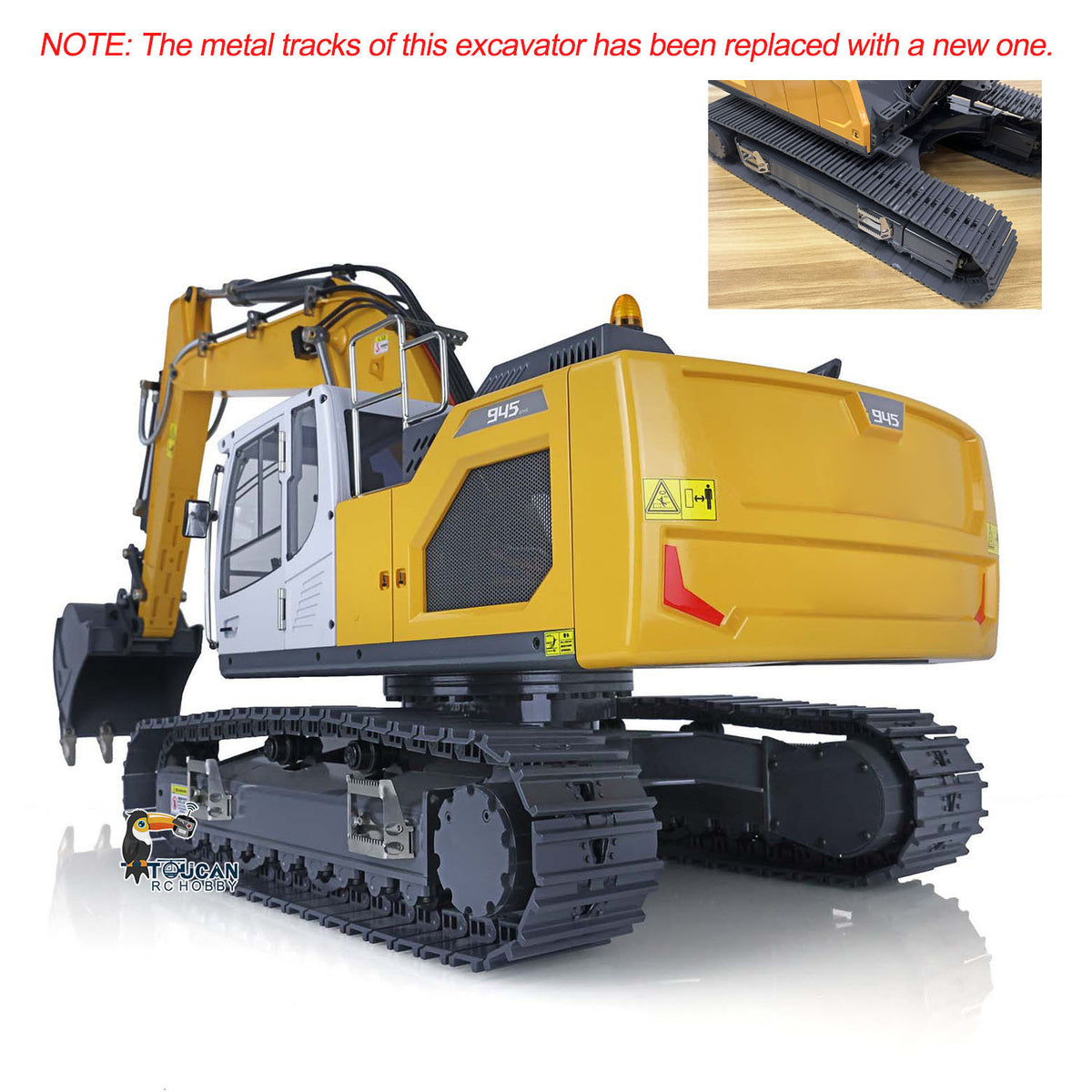 XDRC 945 1/14 Hydraulic Excavator Straight Rear View, Rear Counterweight & Body Structure, Plastic Lamp Housings, Mirrors & Interior, Metal Main Chassis