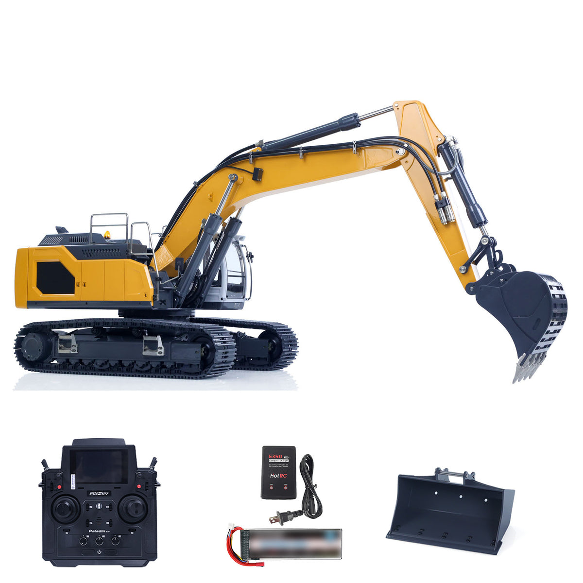 XDRC 945 1/14 Hydraulic Tracked Excavator Yellow Front Oblique View, With Remote Controller, Battery & Grading Bucket, 820mm Max Digging Radius & Height, 420mm Max Digging Depth