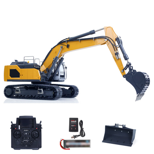 XDRC 945 1/14 Hydraulic Tracked Excavator Yellow Front Oblique View, With Remote Controller, Battery & Grading Bucket, 820mm Max Digging Radius & Height, 420mm Max Digging Depth