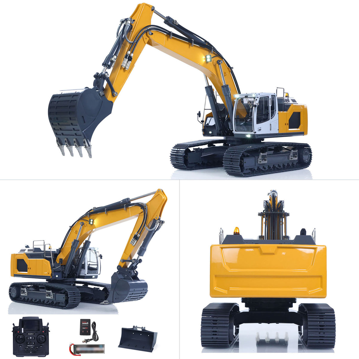 XDRC 945 1/14 Hydraulic Tracked Excavator Yellow Left Front Working Pose, With Full Accessory Set, Manual Quick-Change Bucket System For Versatile Play Options
