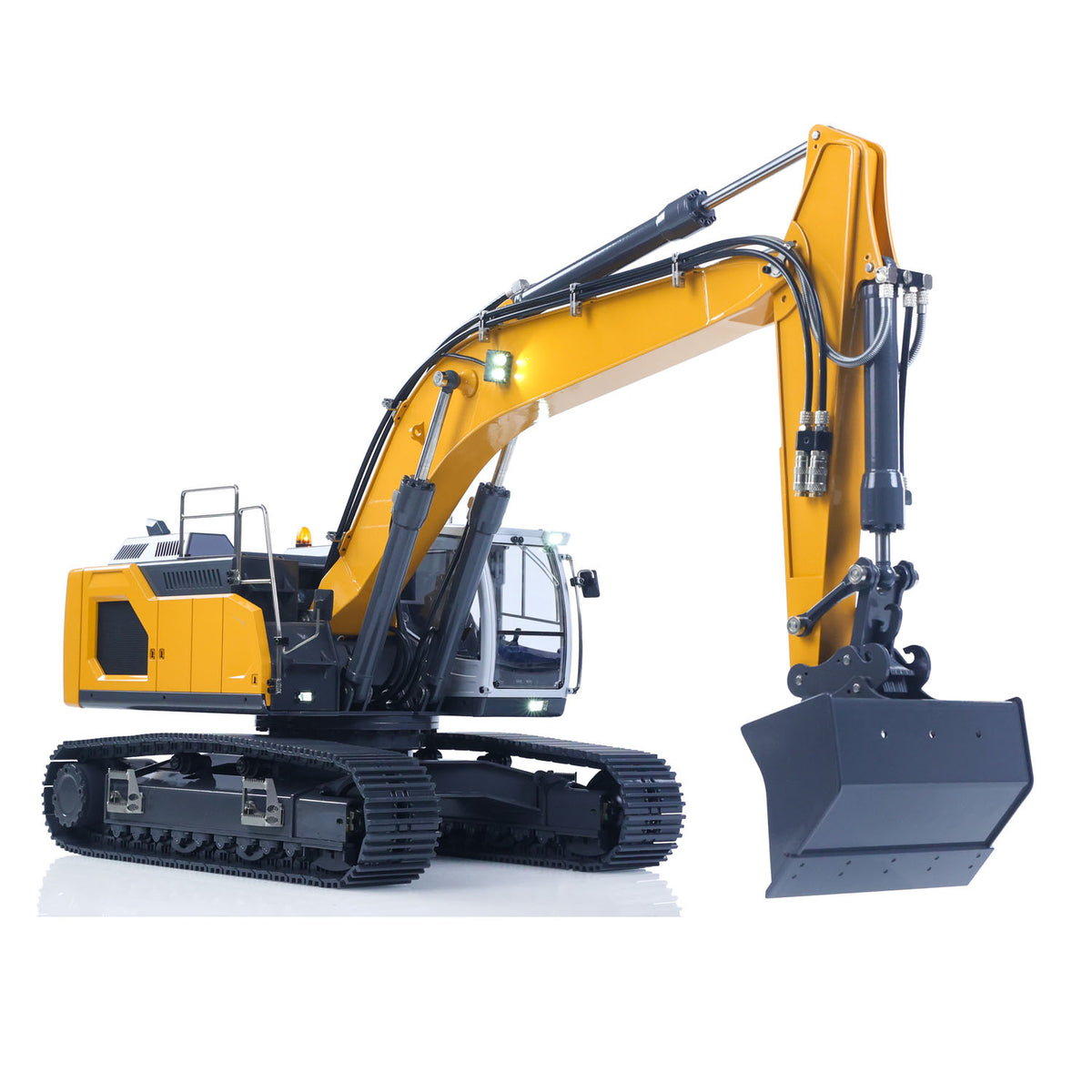 XDRC 945 1/14 Hydraulic Tracked Excavator Yellow Right Front Working Pose, Full Metal Boom & Arm Structure, Precise 5-Way Hydraulic Control Performance