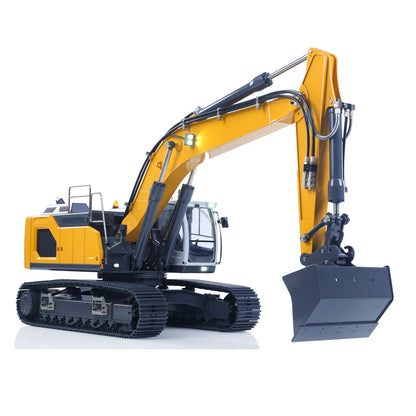 XDRC 945 1/14 Hydraulic Tracked Excavator Yellow Right Front Working Pose, Full Metal Boom & Arm Structure, Precise 5-Way Hydraulic Control Performance