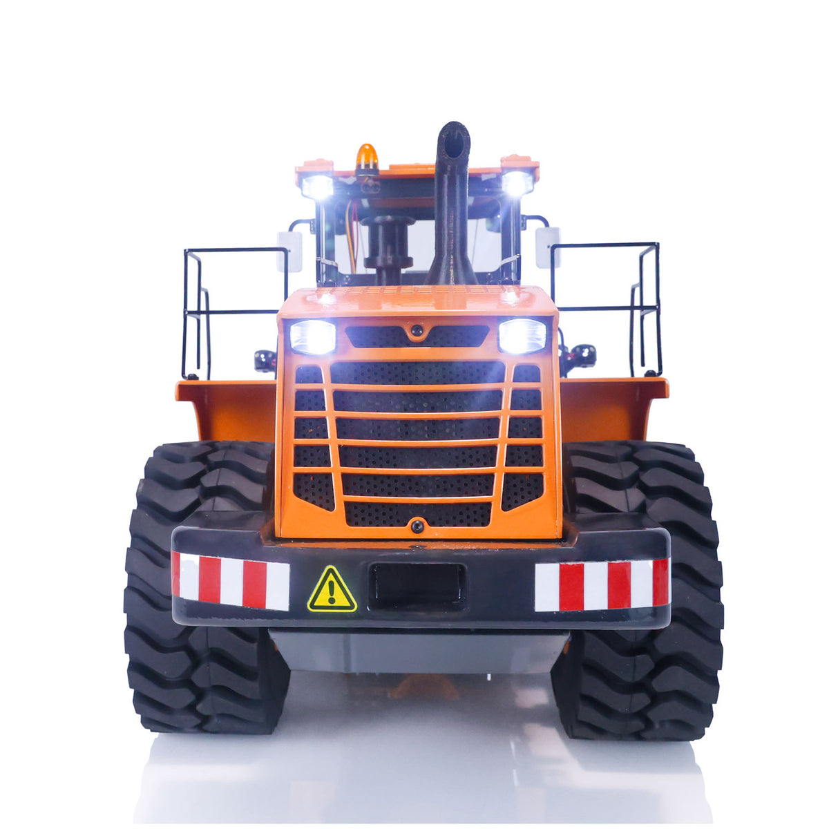 XDRC‑470 1/14 RC Hydraulic Wheel Loader Orange Straight Front View, Functional Lighting System, Simulated Warning Bumper Decoration