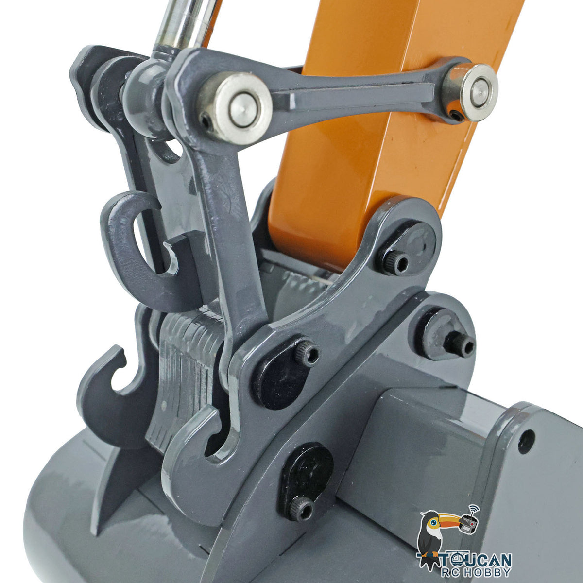 XDRC‑945 1/14 RC Hydraulic Excavator Arm Linkage Hinge‑Pin Mechanism Close‑Up, Precision‑Machined Metal Moving Joints