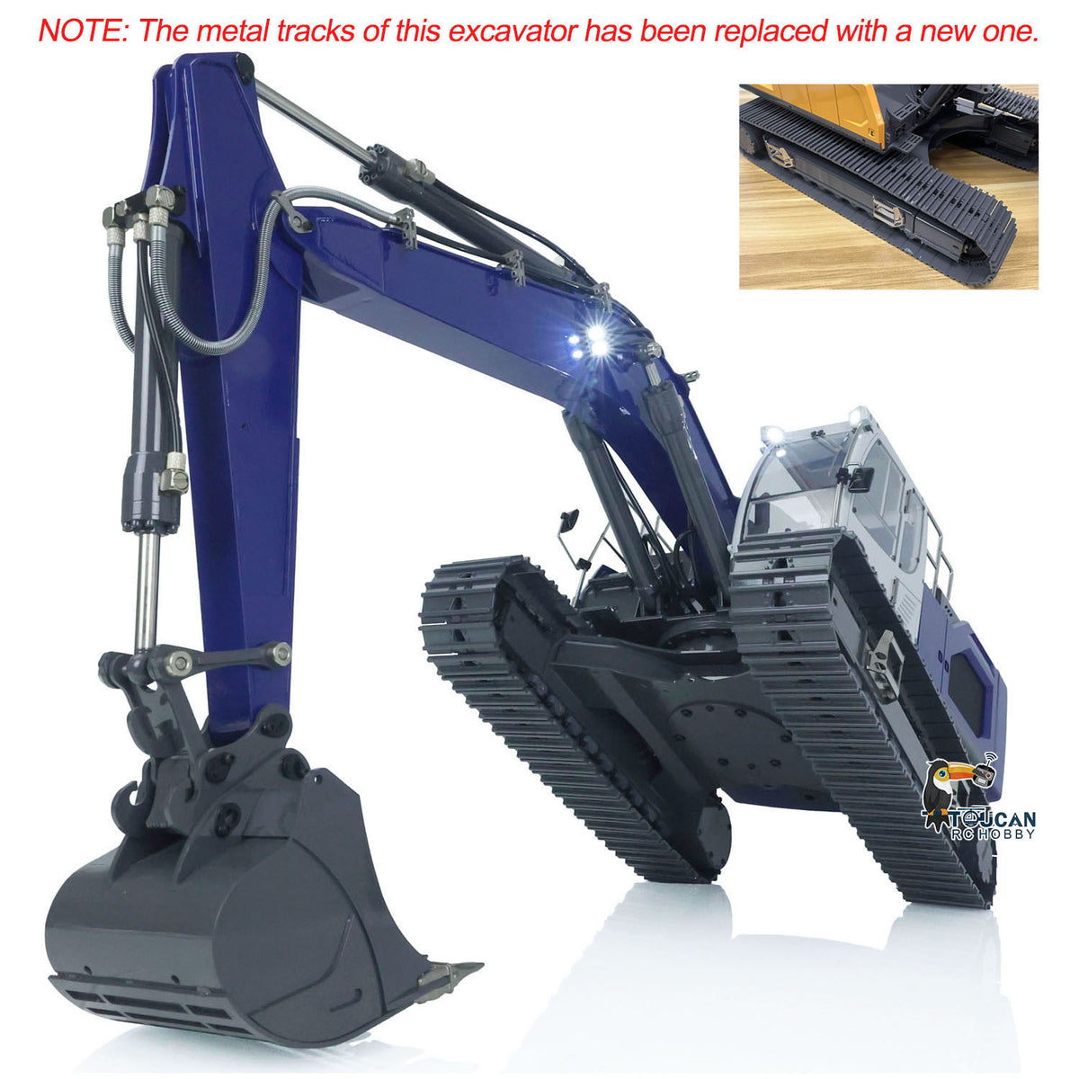 XDRC‑945 1/14 RC Hydraulic Excavator Dark‑Blue Boom‑Down Digging Pose, Functional Integrated Light System