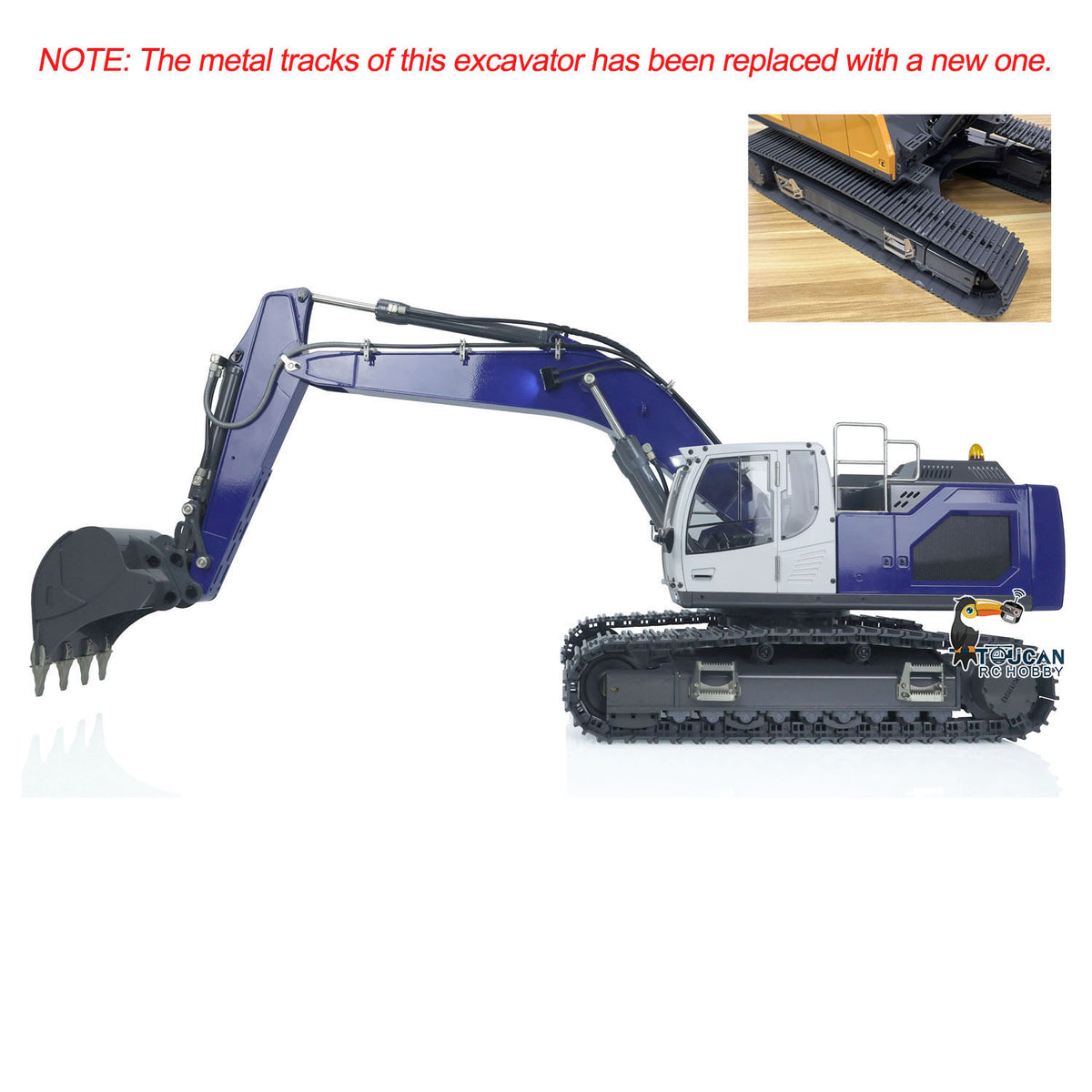 XDRC‑945 1/14 RC Hydraulic Excavator Dark‑Blue High‑Lift Dumping Pose, Realistic RC Construction Vehicle Movement Demo