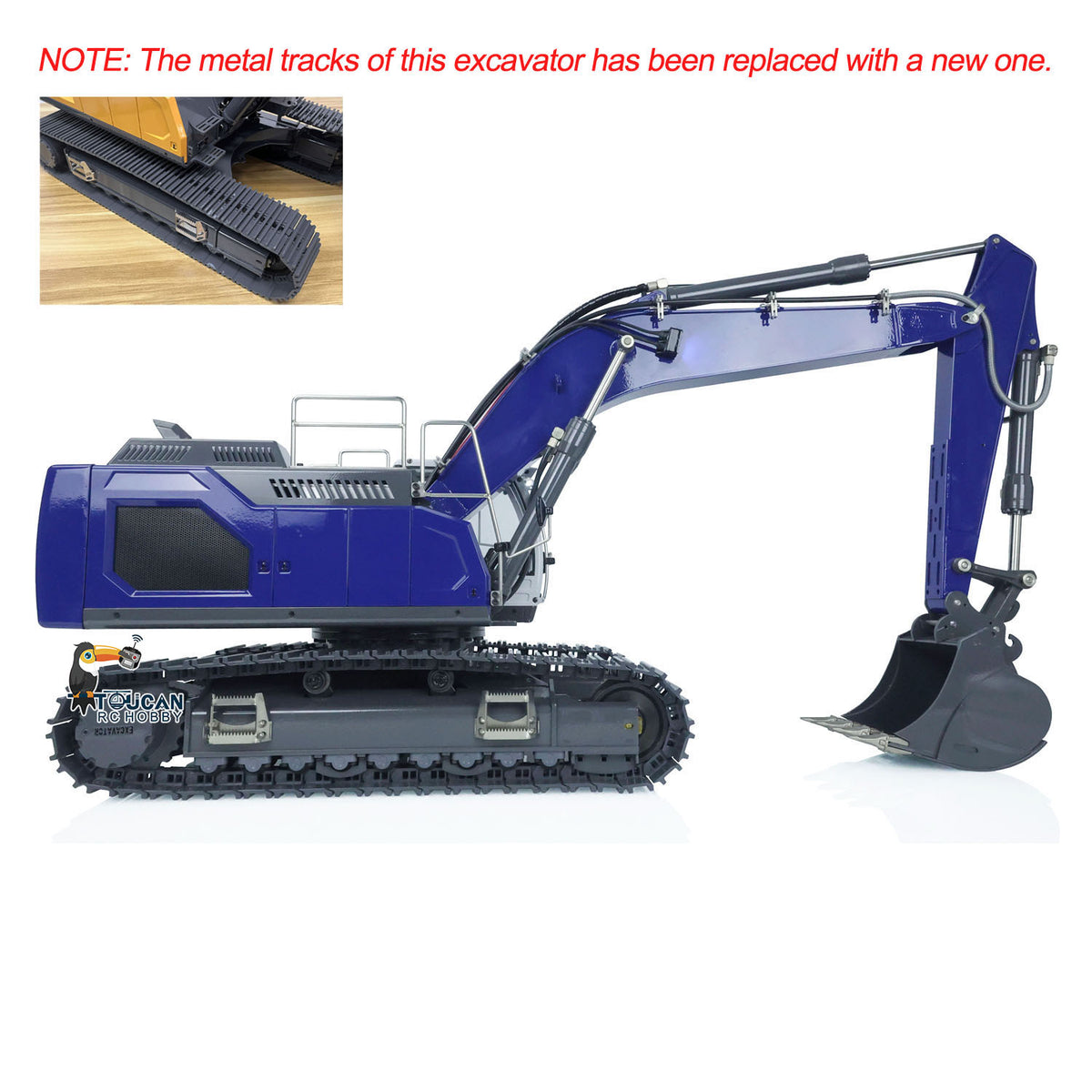 XDRC‑945 1/14 RC Hydraulic Excavator Dark‑Blue Slewing Side Profile View, Precision Metal Moving Joint Structure