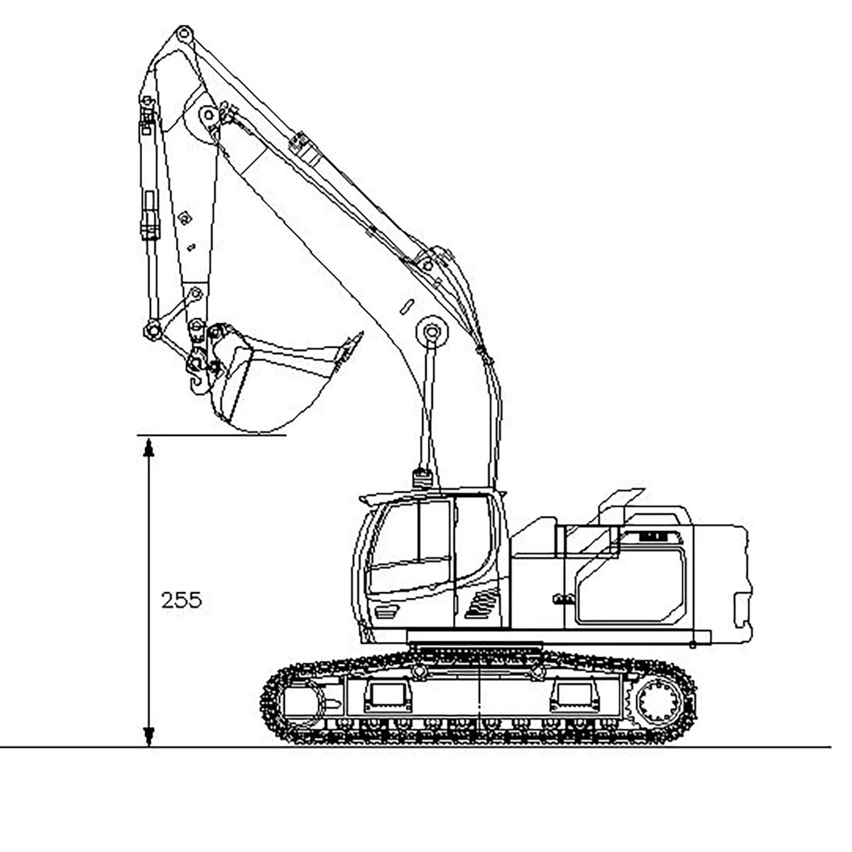 XDRC‑945 1/14 RC Hydraulic Excavator Dimension Outline Drawing Side View, Overall Outline Size Reference Blueprint