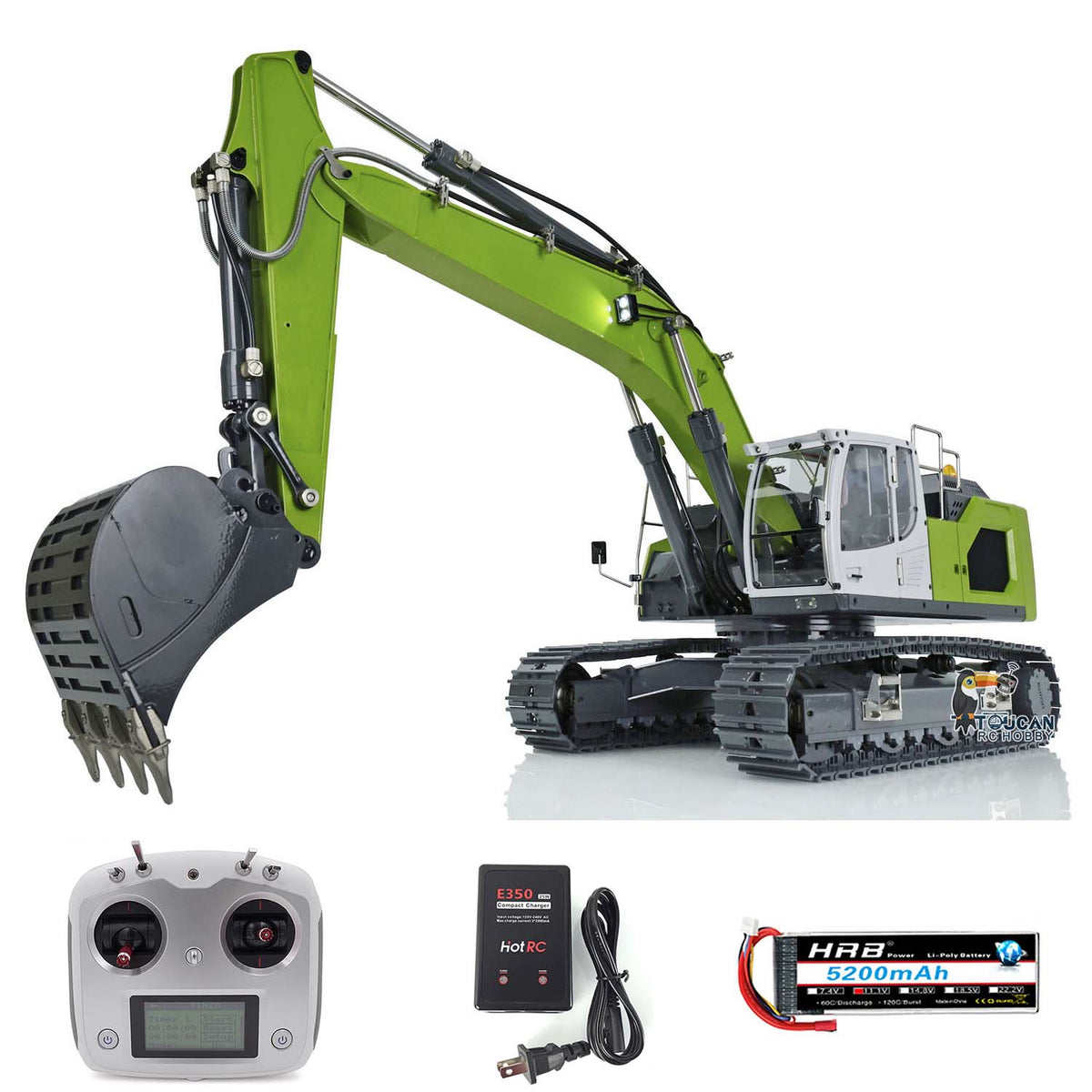 XDRC‑945 1/14 Full‑Metal RC Hydraulic Tracked Excavator Green Version, FlySky I6s Transmitter, Leveling Bucket & Manual Quick‑Detach, Light System, No Sound Group, Battery And Charger Included