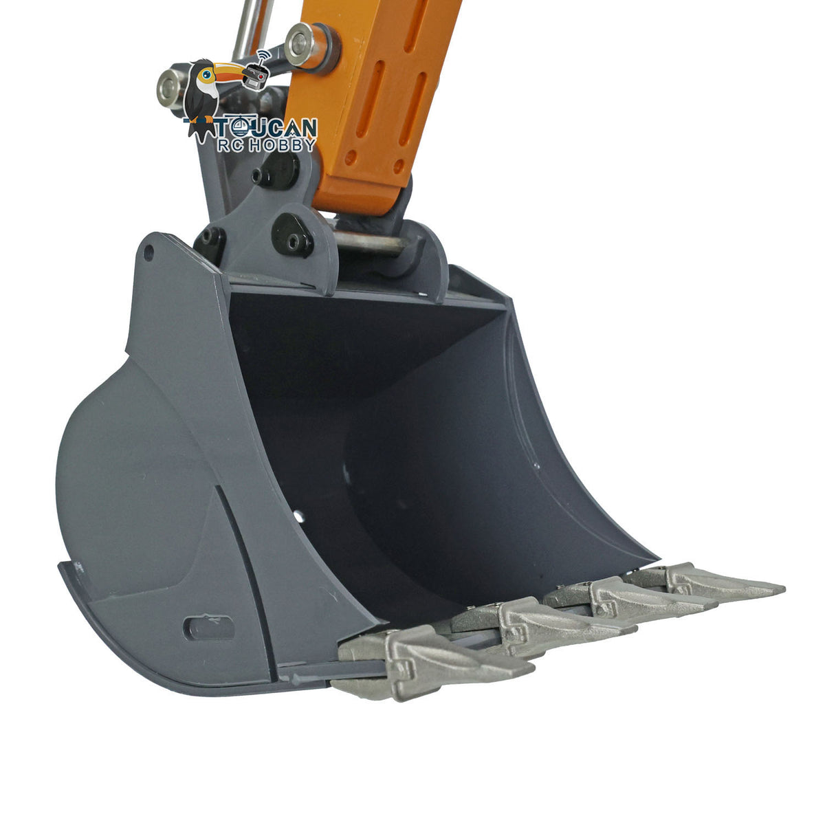 XDRC‑945 1/14 RC Hydraulic Excavator Leveling Bucket Close‑Up, Manual Quick‑Detach Bucket Mechanism, Reinforced Metal Bucket Teeth