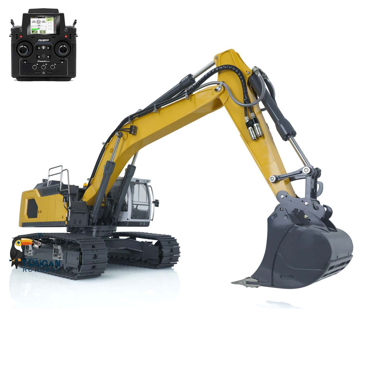 XDRC‑945 1/14 Full‑Metal RC Hydraulic Tracked Excavator Yellow Version, FlySky PL18EV Transmitter, 5CH Reversing Valve, Leveling Bucket, Manual Quick‑Detach, Light & Sound System, Battery & Charger Not Included
